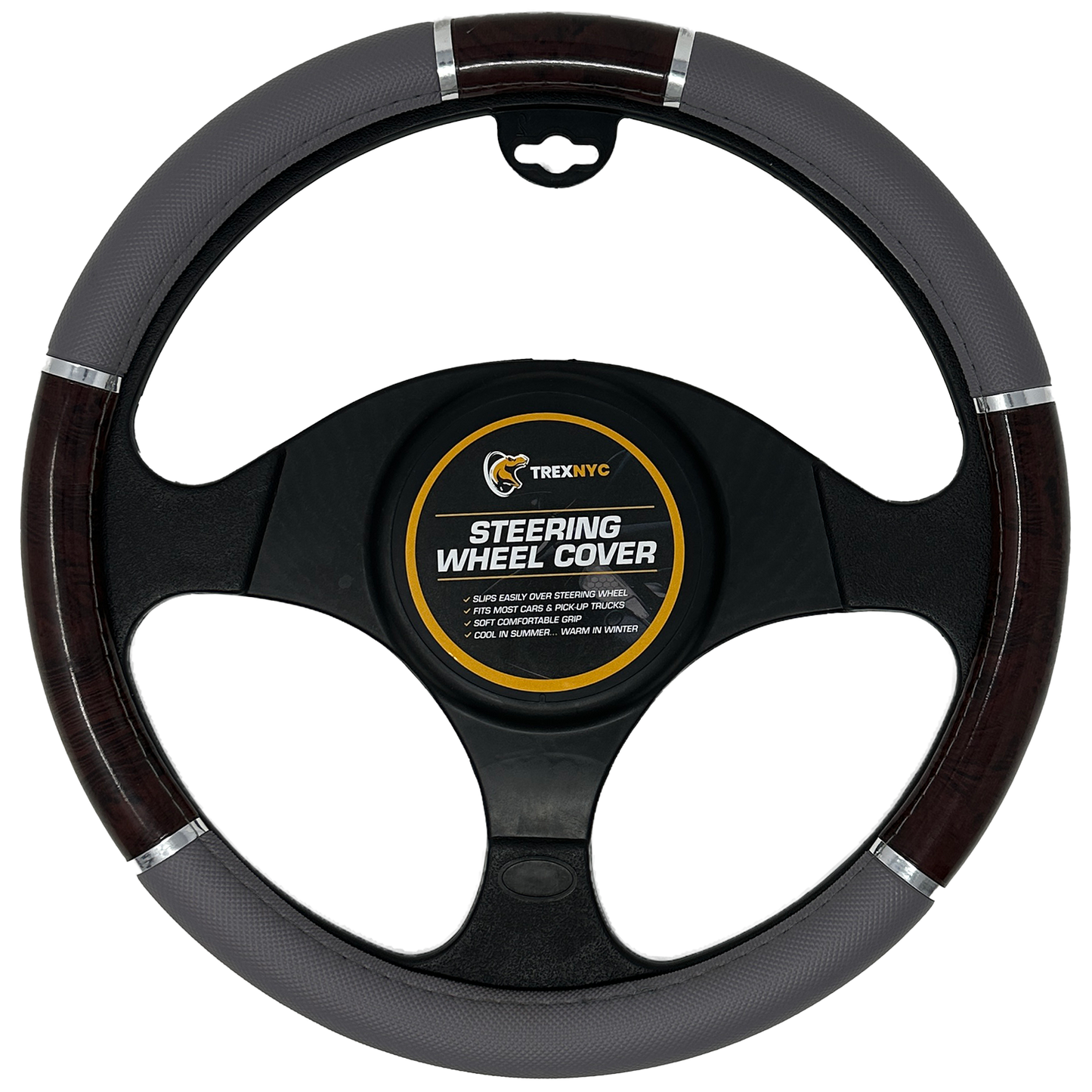 TrexNYC Steering Wheel Cover, Chloe Style - Gray/Wood