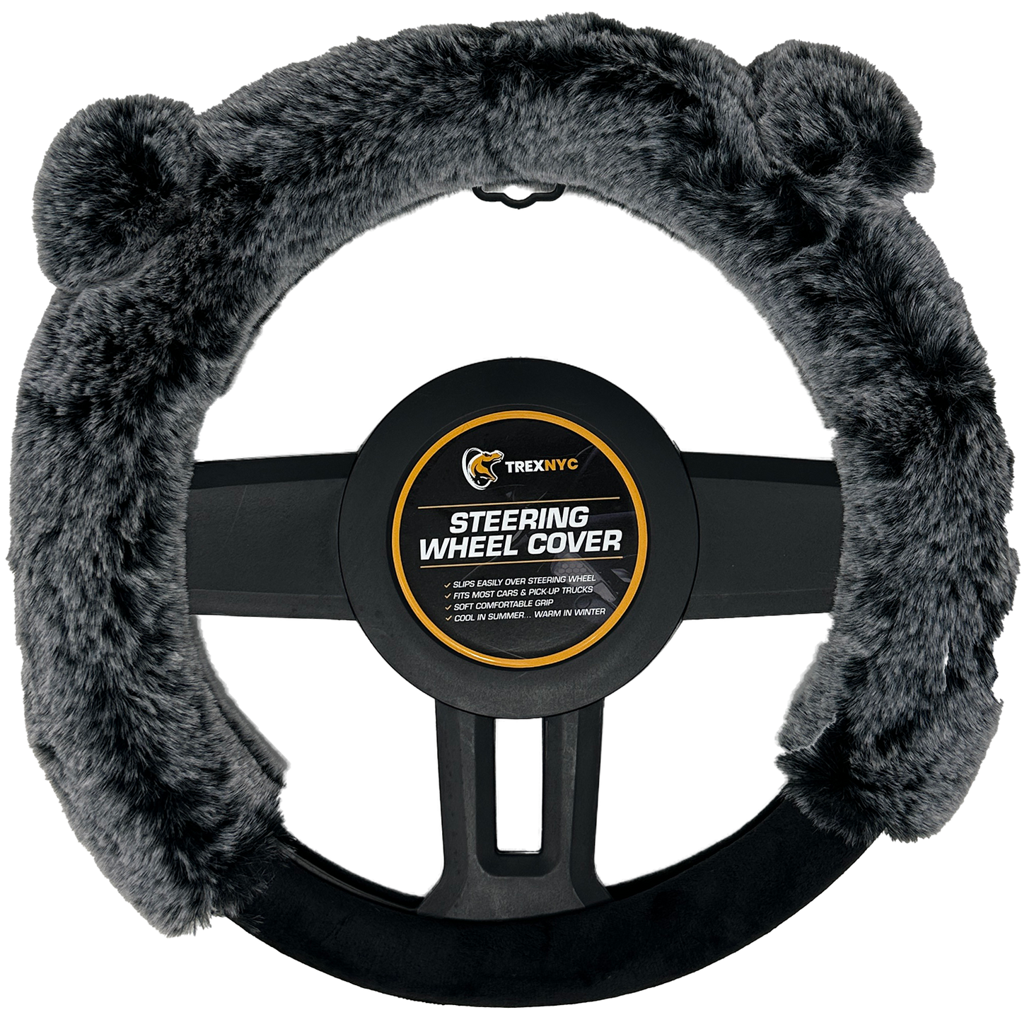 TrexNYC Steering Wheel Cover, Fur Ear - Gray/Black