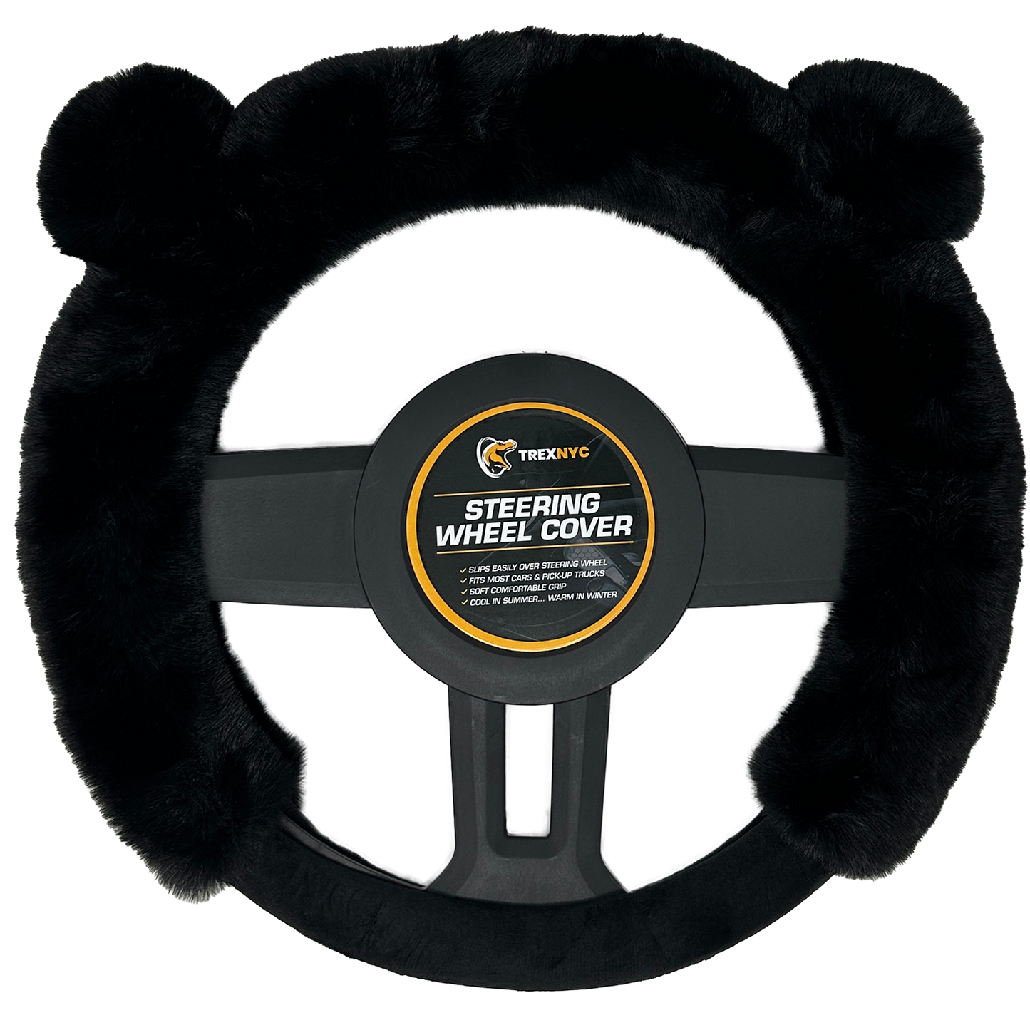 TrexNYC Steering Wheel Cover, Fur Ear - Black/Black