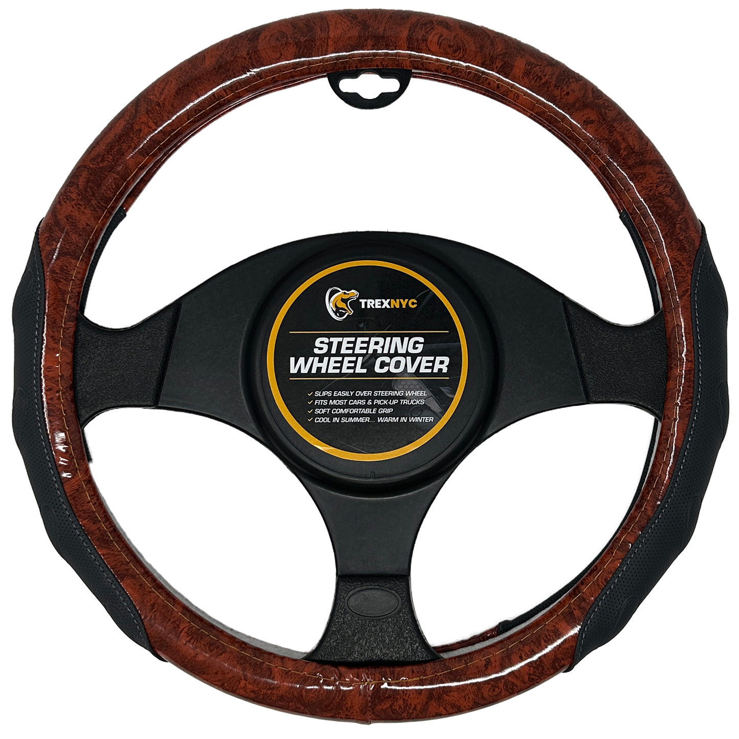 TrexNYC Steering Wheel Cover, Chloe Style - Black/Wood