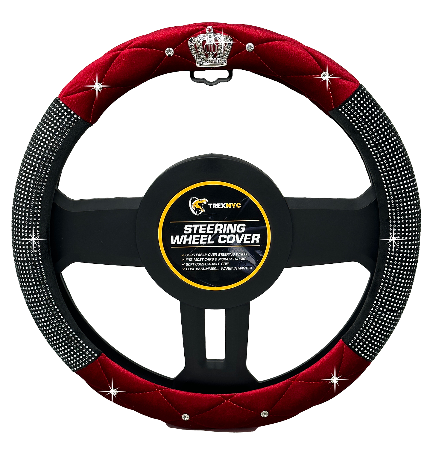 TrexNYC Steering Wheel Cover, Crown - Red/Bling