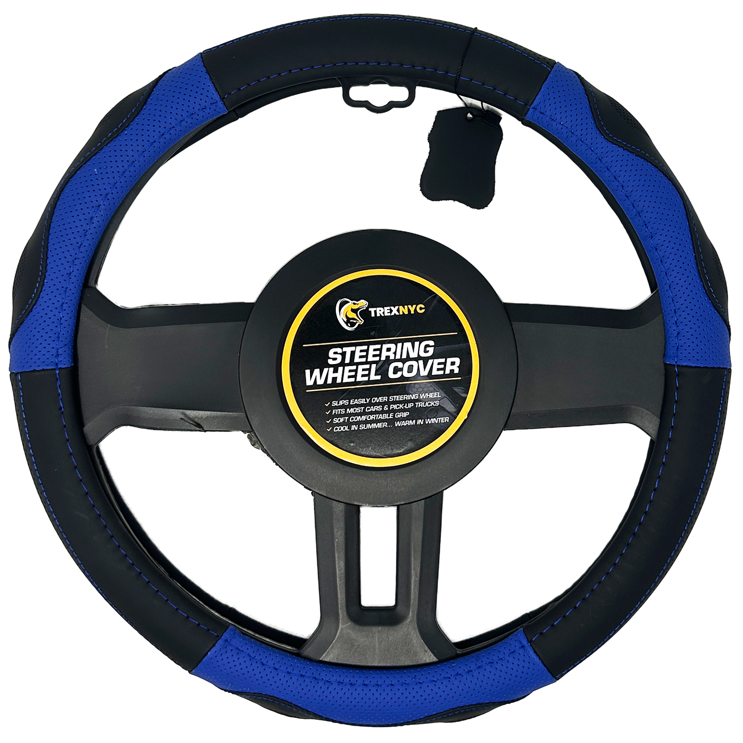 TrexNYC Steering Wheel Cover, Genuine Leather - Black/Blue
