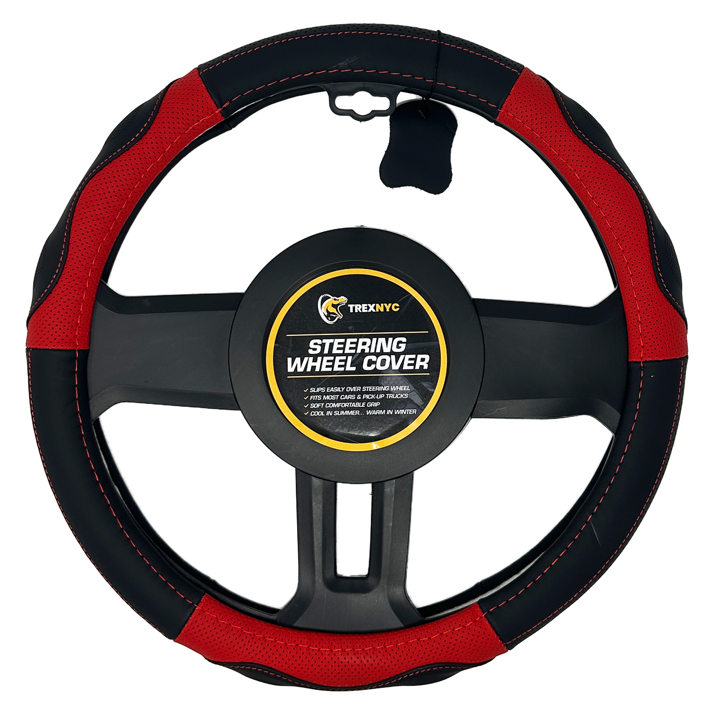 TrexNYC Steering Wheel Cover, Genuine Leather - Black/Red