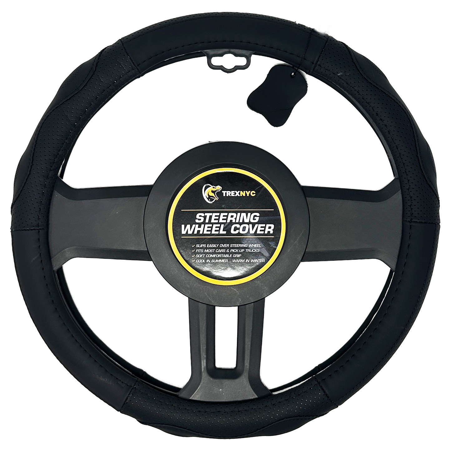 TrexNYC Steering Wheel Cover, Genuine Leather - Black