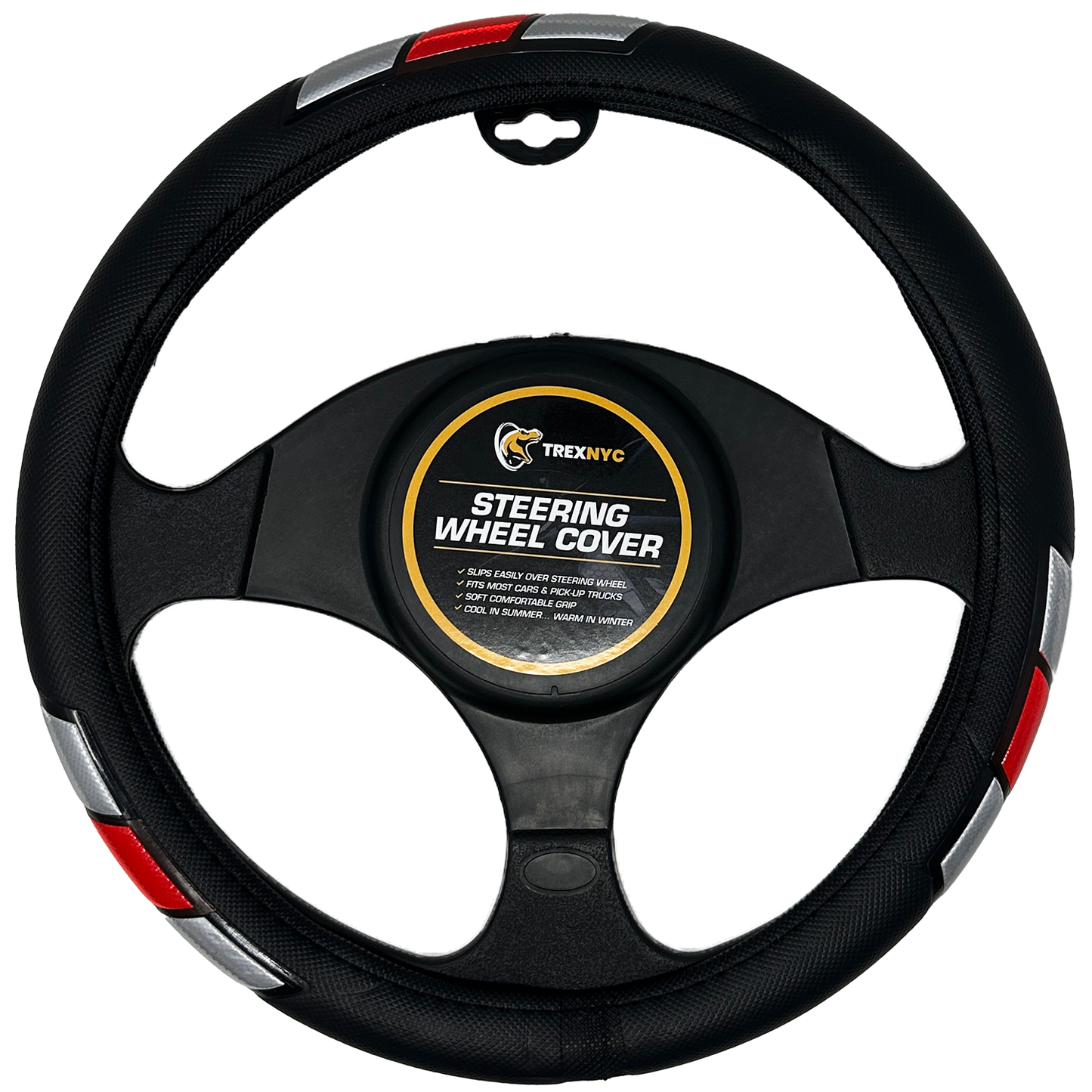 TrexNYC Steering Wheel Cover, Liam - Black/Gray/Red