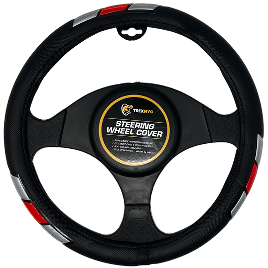TrexNYC Steering Wheel Cover, Liam - Black/Gray/Red