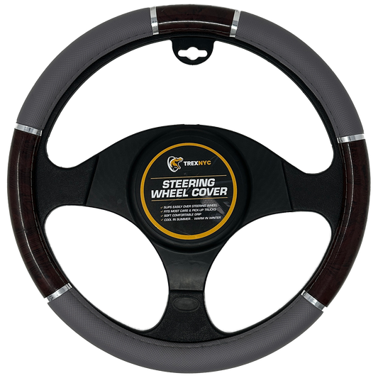 TrexNYC Steering Wheel Cover, Chloe Style - Gray/Wood