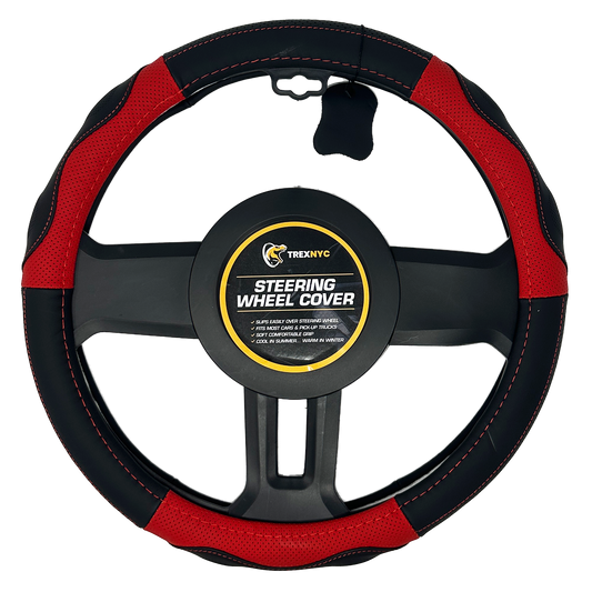 TrexNYC Steering Wheel Cover, Genuine Leather - Black/Red