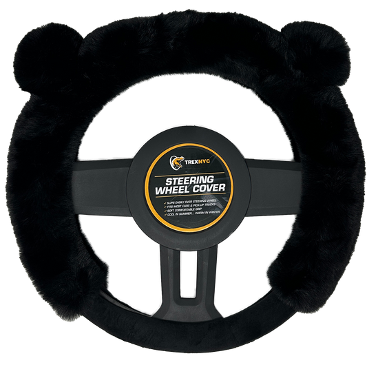 TrexNYC Steering Wheel Cover, Fur Ear - Black/Black