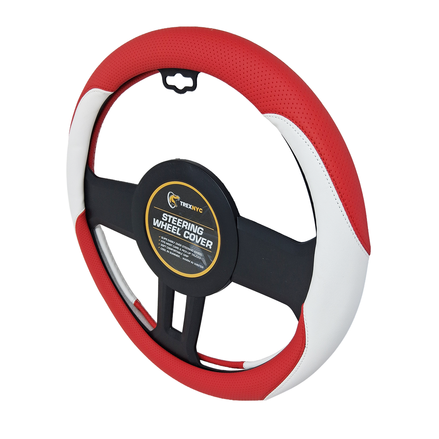 TrexNYC Steering Wheel Cover, Leather w/Grip - White/Red