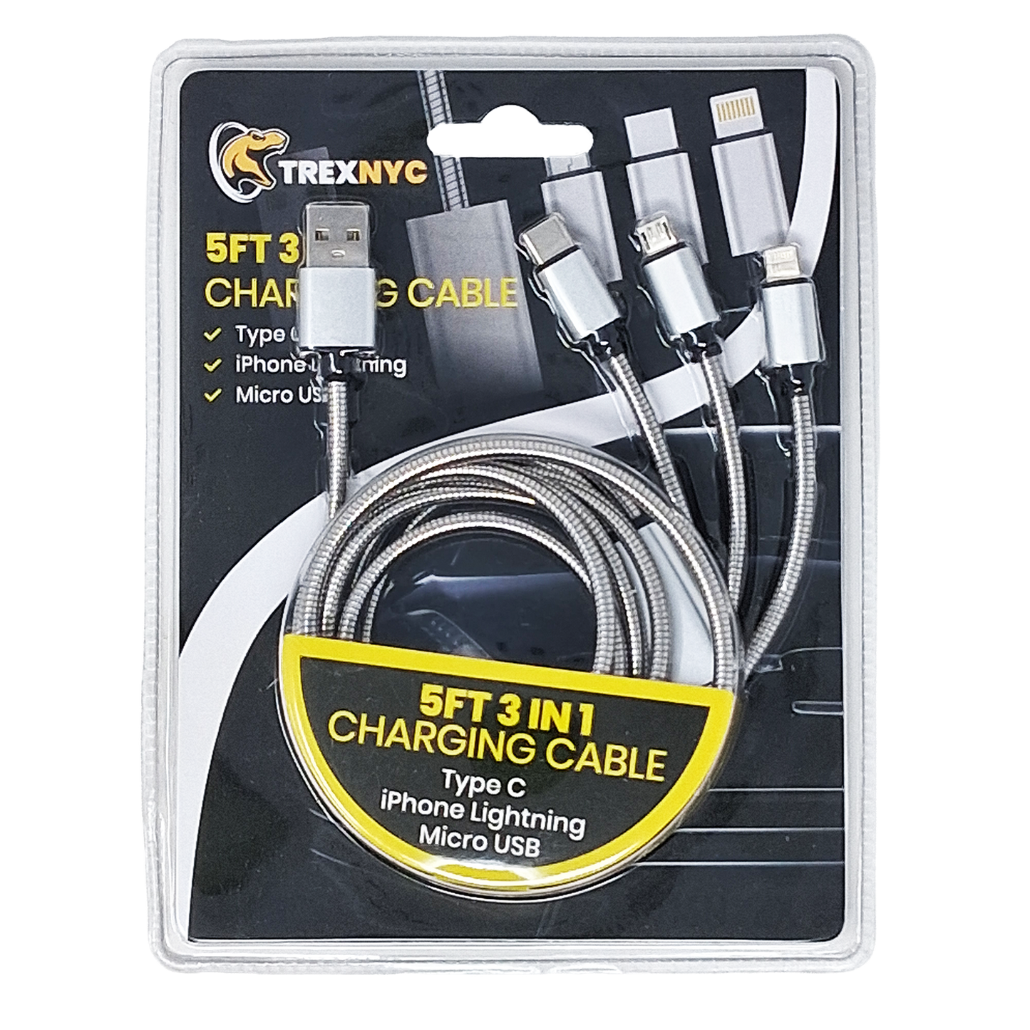 TrexNYC 5ft 3in1 Cable - Silver