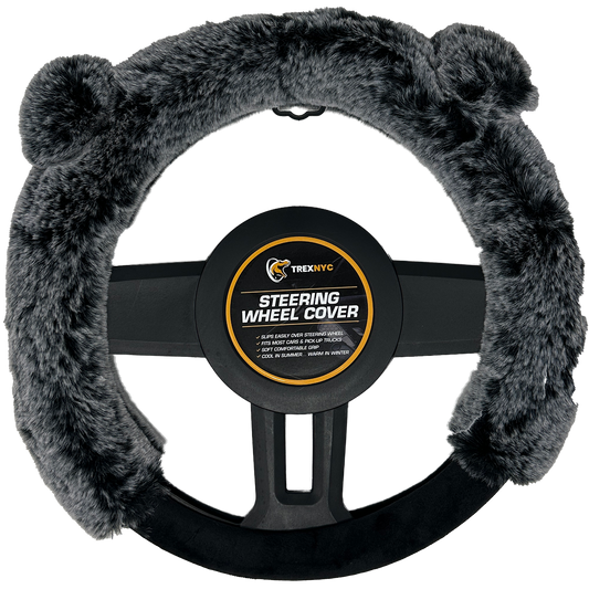 TrexNYC Steering Wheel Cover, Fur Ear - Gray/Black