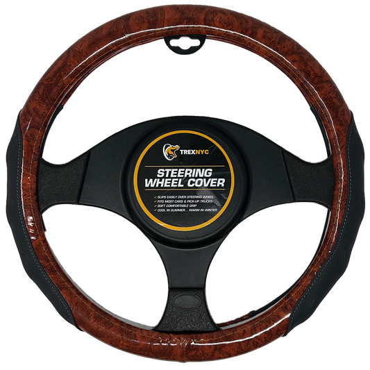 TrexNYC Steering Wheel Cover, Chloe Style - Black/Wood