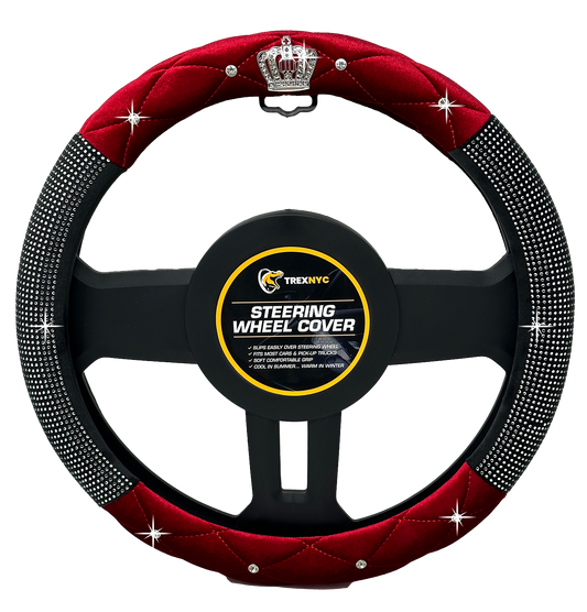 TrexNYC Steering Wheel Cover, Crown - Red/Bling