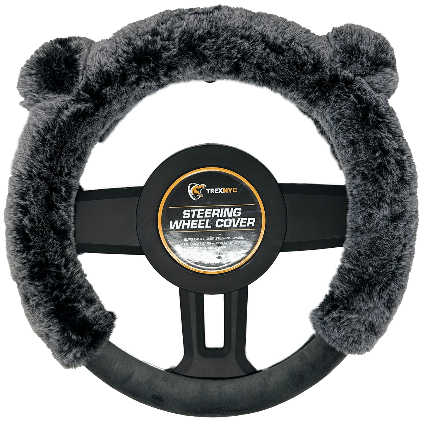 TrexNYC Steering Wheel Cover, Fur Ear - Gray/Gray