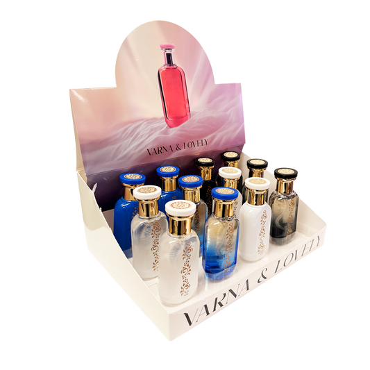 Qattarah Varna & Lovely 30ml Perfume 12pc Display White, Blue, Black
