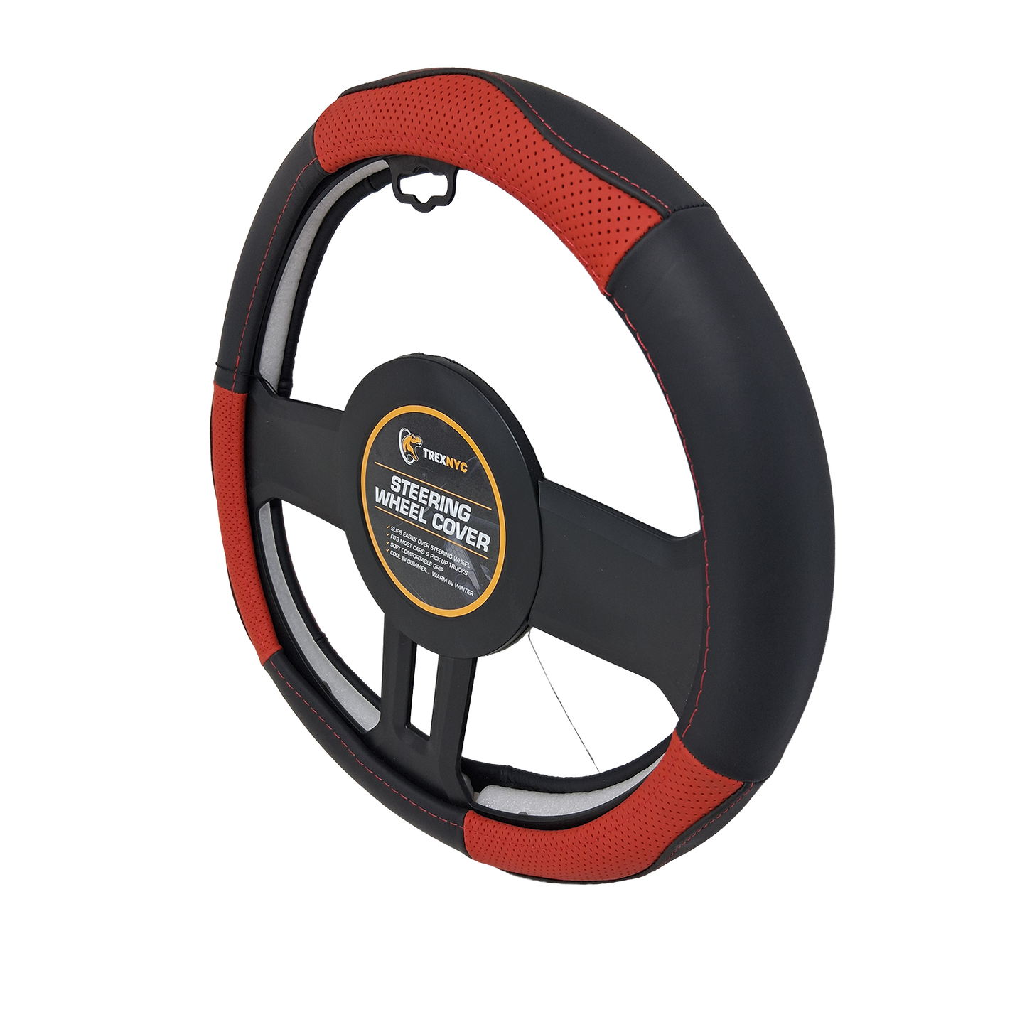 TrexNYC Steering Wheel Cover, Grip Fusion Leather - Black/Red