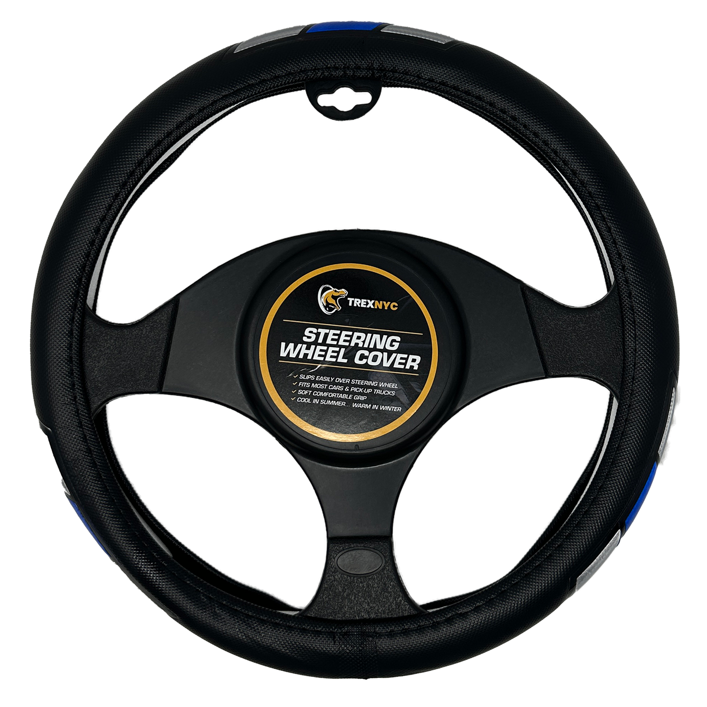 TrexNYC Steering Wheel Cover, Liam - Black/Gray/Blue