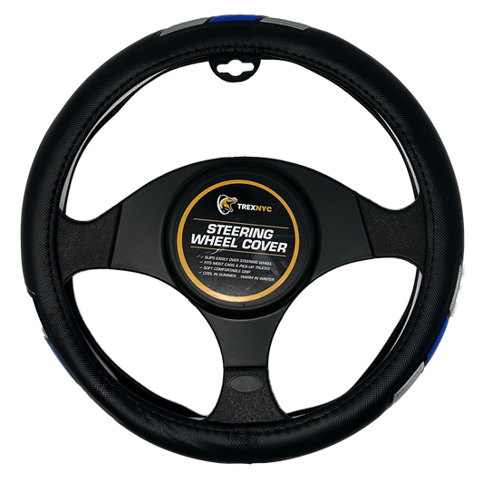 TrexNYC Steering Wheel Cover, Liam - Black/Gray/Blue
