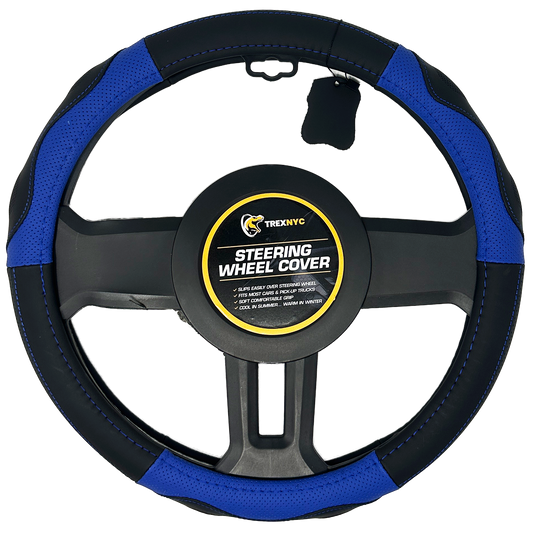 TrexNYC Steering Wheel Cover, Genuine Leather - Black/Blue