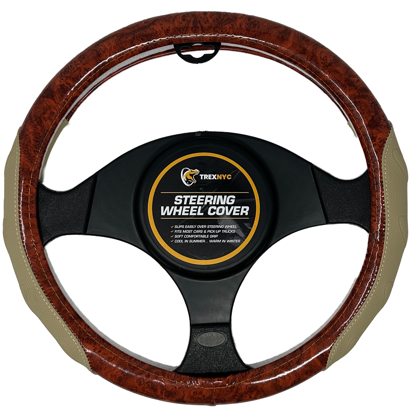 TrexNYC Steering Wheel Cover, Chloe Style - Tan/Wood
