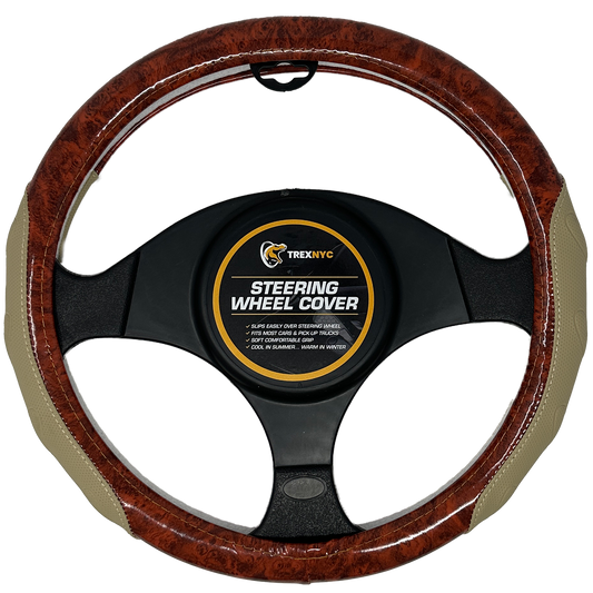 TrexNYC Steering Wheel Cover, Chloe Style - Tan/Wood
